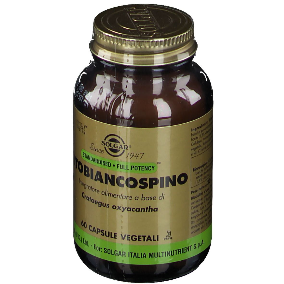 Flacone di vetro marrone con tappo dorato. Etichetta con nome prodotto, marchio SOLGAR e 60 capsule. Etichetta verde e bianca.