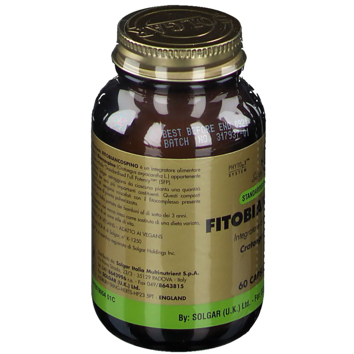 Flacone di vetro marrone con tappo dorato. Etichetta con ingredienti e informazioni nutrizionali. Testo in italiano.