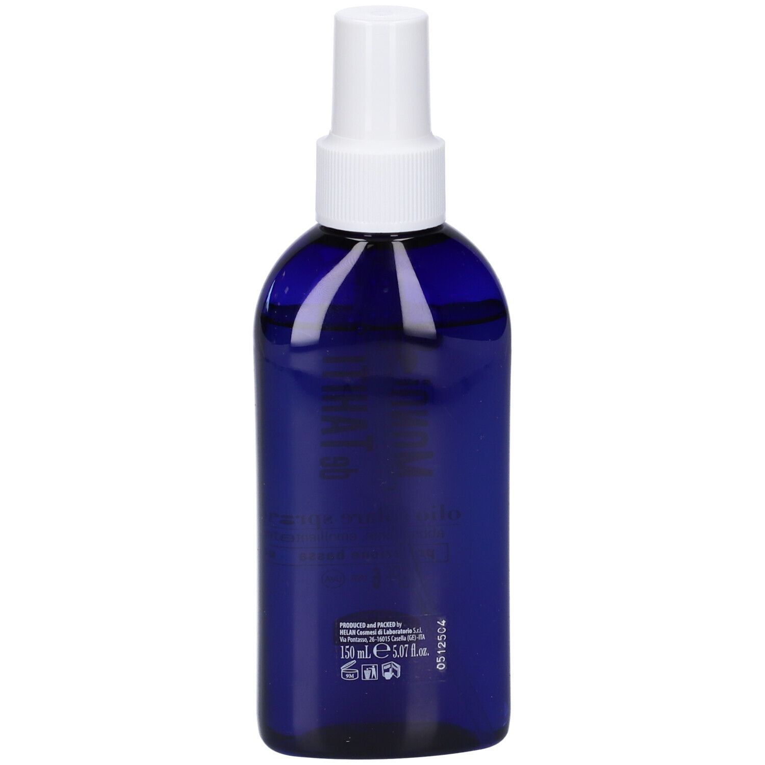 Retro di un flacone spray blu. Scritte e simboli. Volume: 150 ml.