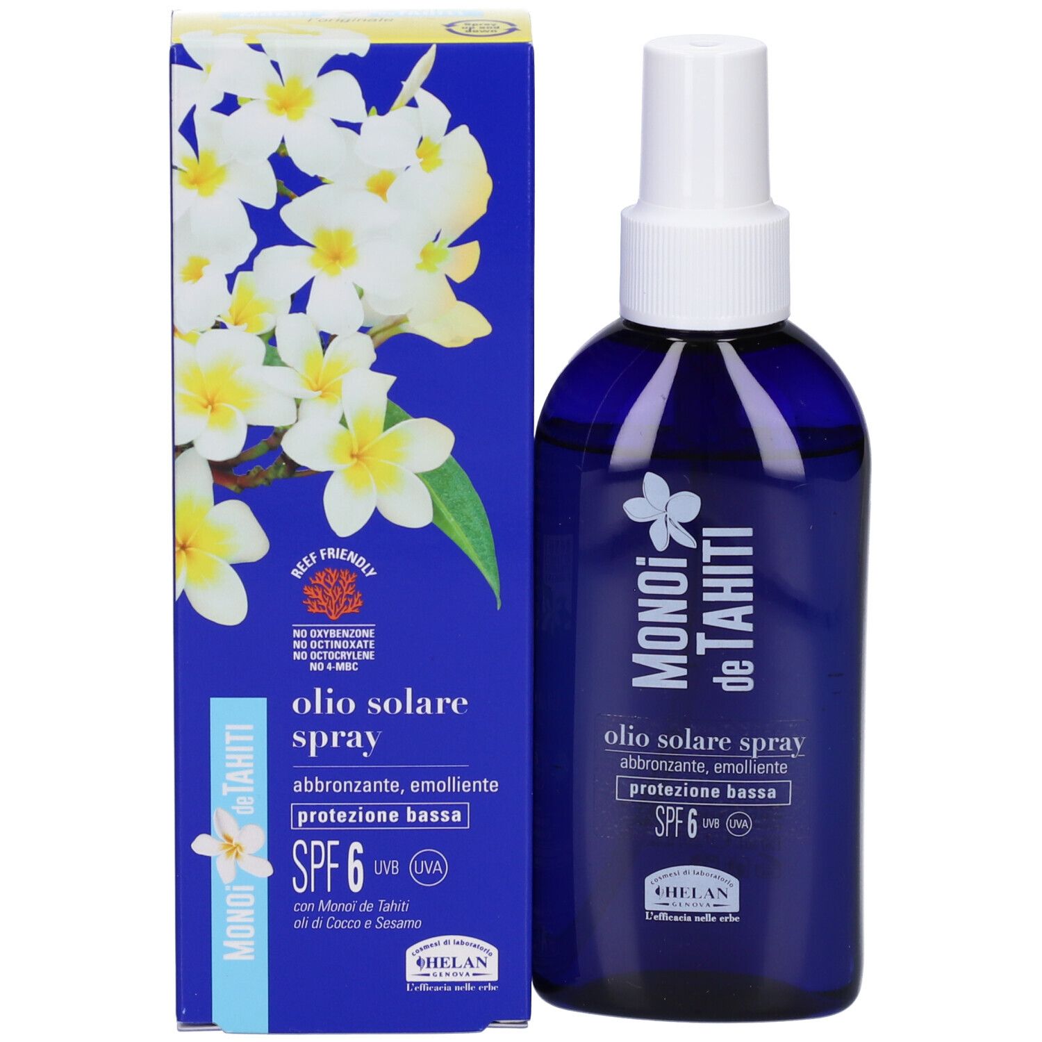 Prodotto con confezione. Scatola blu con fiori e flacone spray. Scritta: MONOI de TAHITI, SPF 6.