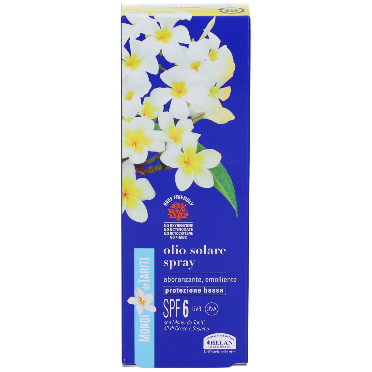 Scatola blu con fiori e informazioni sul prodotto. Scritta: MONOI de TAHITI, SPF 6.