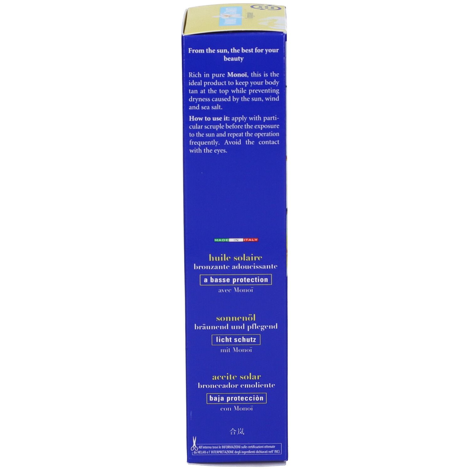 Scatola blu, testo in più lingue. Scritta: huile solaire, sonnenöl, aciete solar.