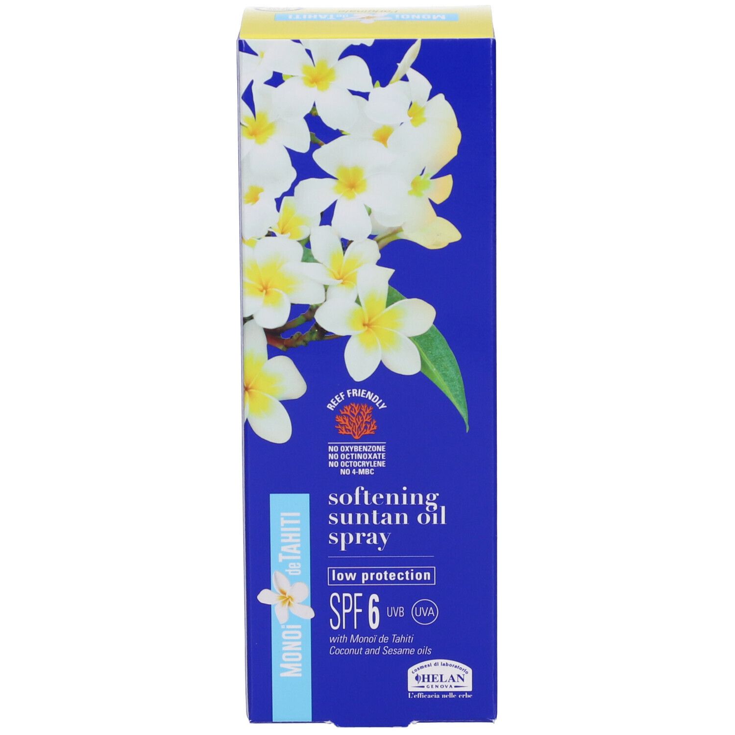 Scatola blu con informazioni sul prodotto. Scritta: MONOI de TAHITI, SPF 6, softening suntan oil spray.
