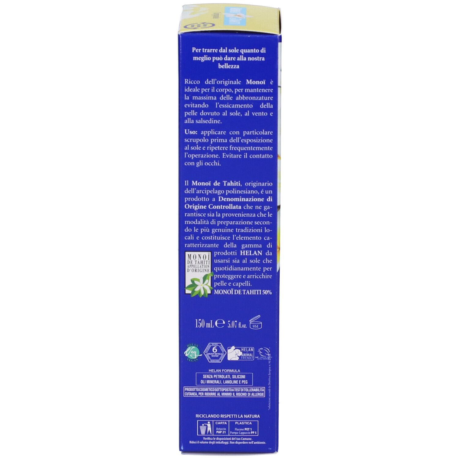 Retro della scatola blu. Testo e simboli. Volume: 150 ml.