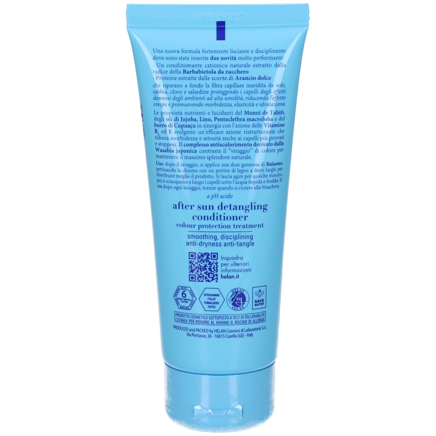 Retro del tubo azzurro. Testo multilingue. Codice QR e loghi.