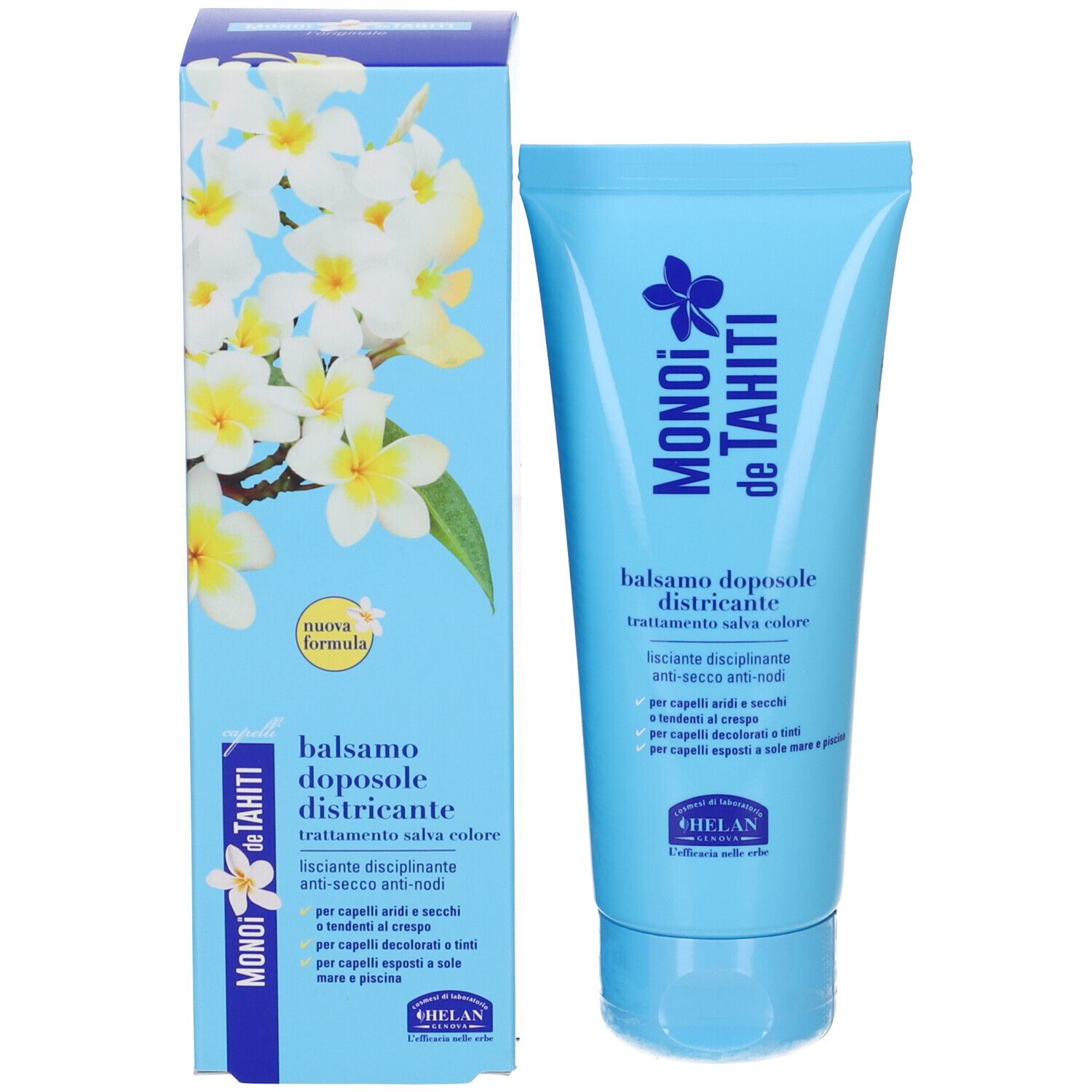 Tubo e scatola azzurri. Fiori sulla scatola e nome del prodotto. Nome del prodotto sul tubo.