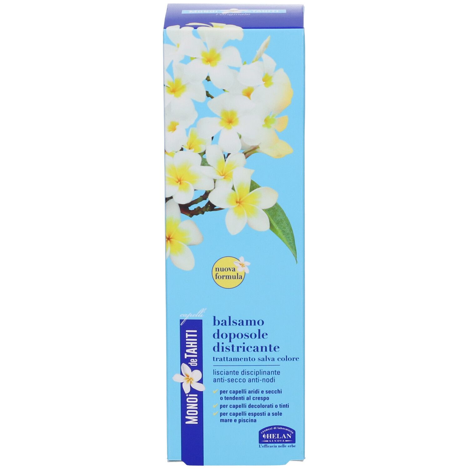 Scatola blu con fiori e nome del prodotto. Testo in bianco.