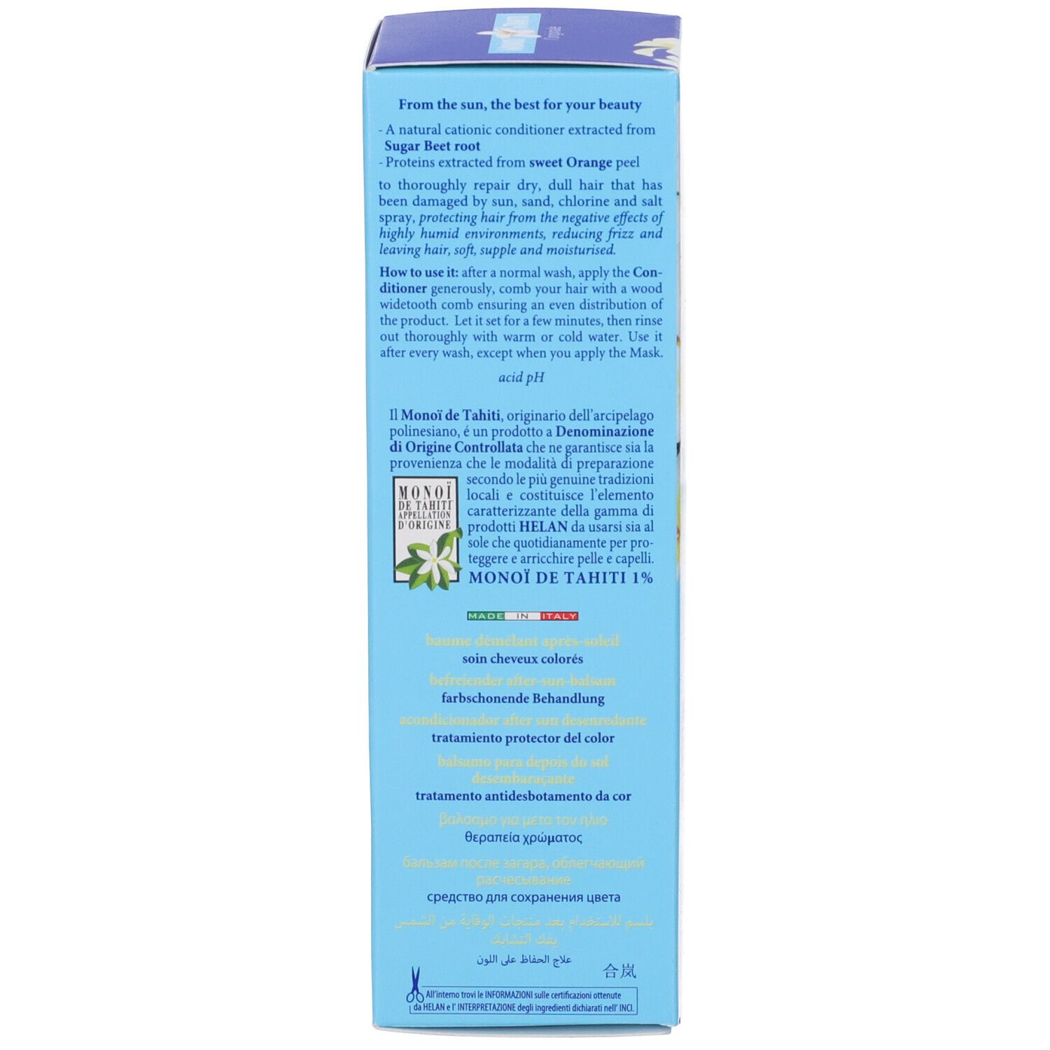 Scatola blu, retro. Testo multilingue. Loghi e certificazioni.