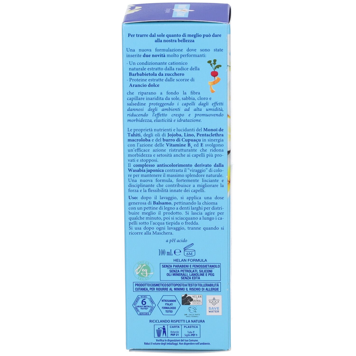 Scatola blu, retro. Testo multilingue. Loghi e informazioni sugli ingredienti.