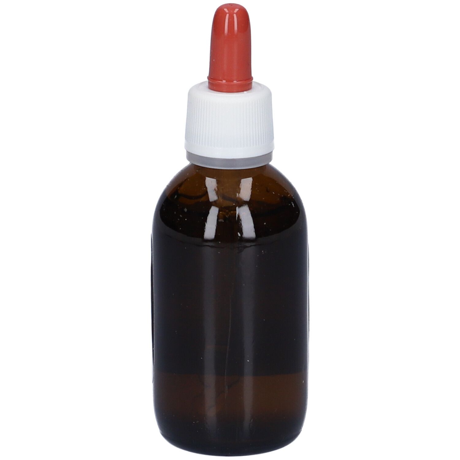 Flacone di vetro marrone con etichetta bianca e contagocce rosso, in posizione verticale.