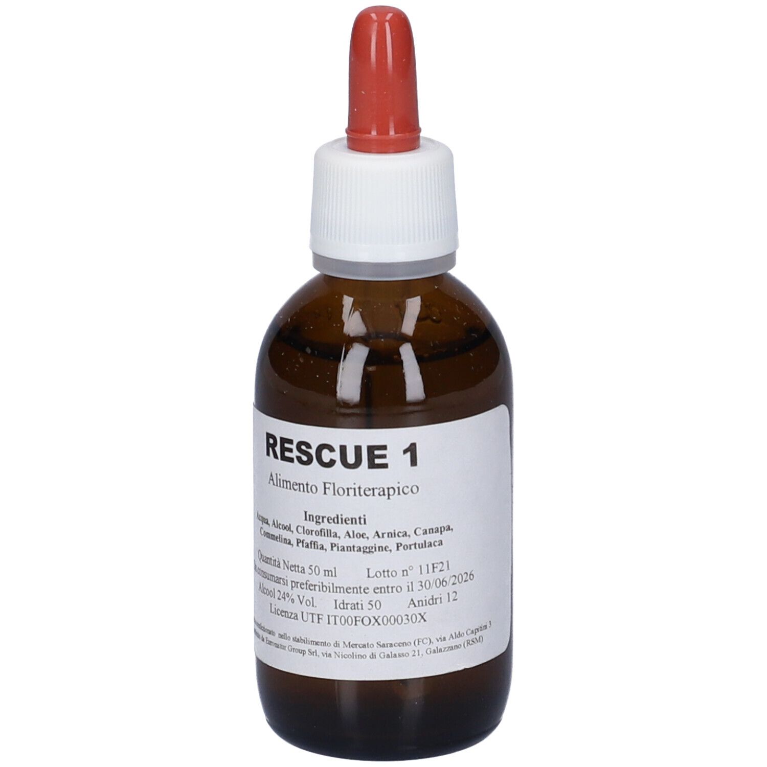 Flacone di vetro marrone con etichetta bianca e contagocce rosso. Sull'etichetta è scritto "Rescue 1".