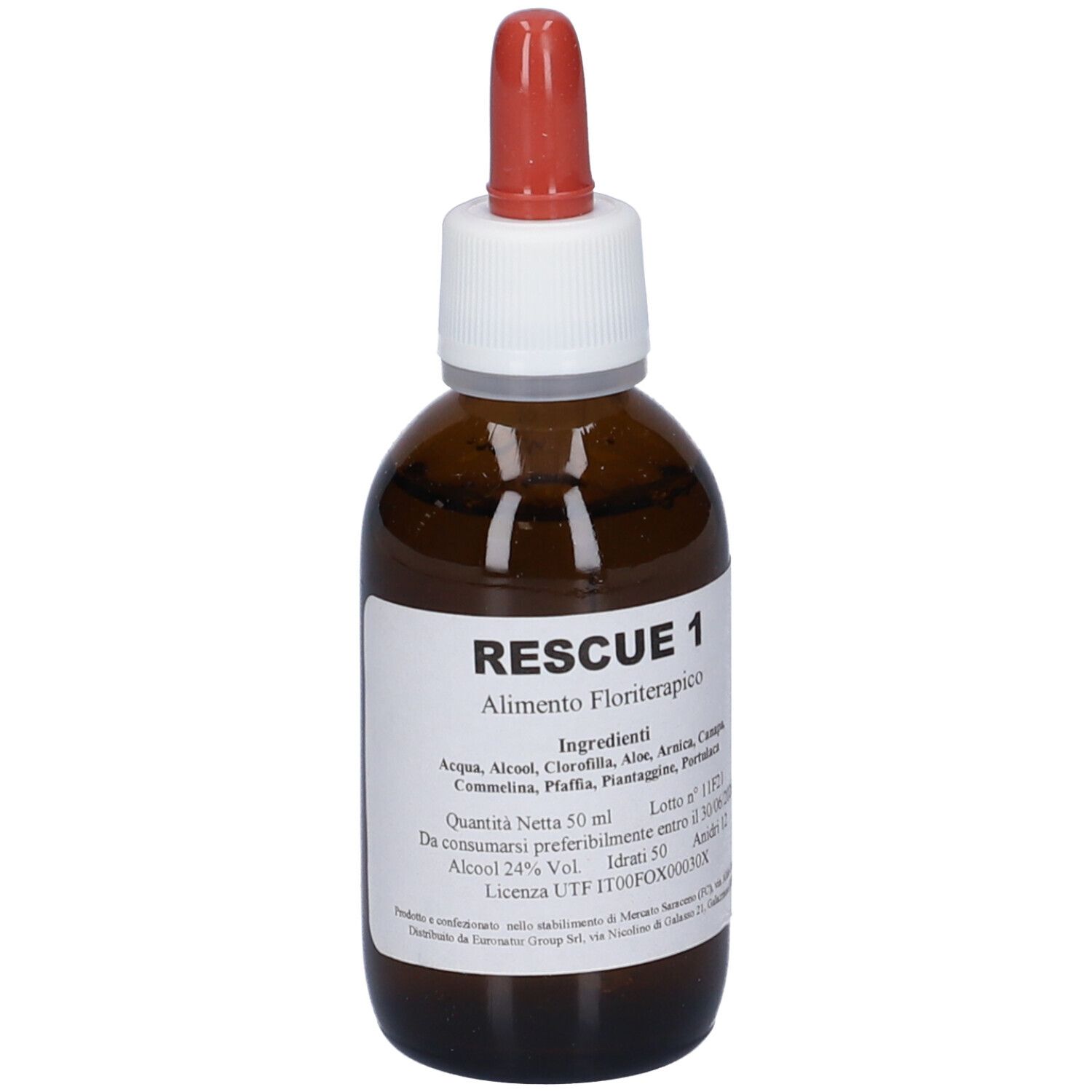 Flacone di vetro marrone con etichetta bianca e contagocce rosso. Sull'etichetta è scritto "Rescue 1".