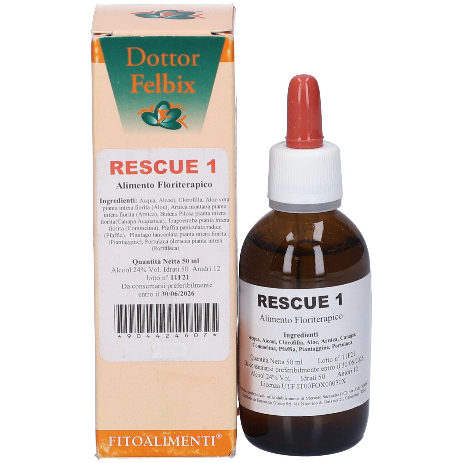 Flacone del prodotto con confezione. Sulla confezione sono presenti "Dottor Felbix" e "Rescue 1".