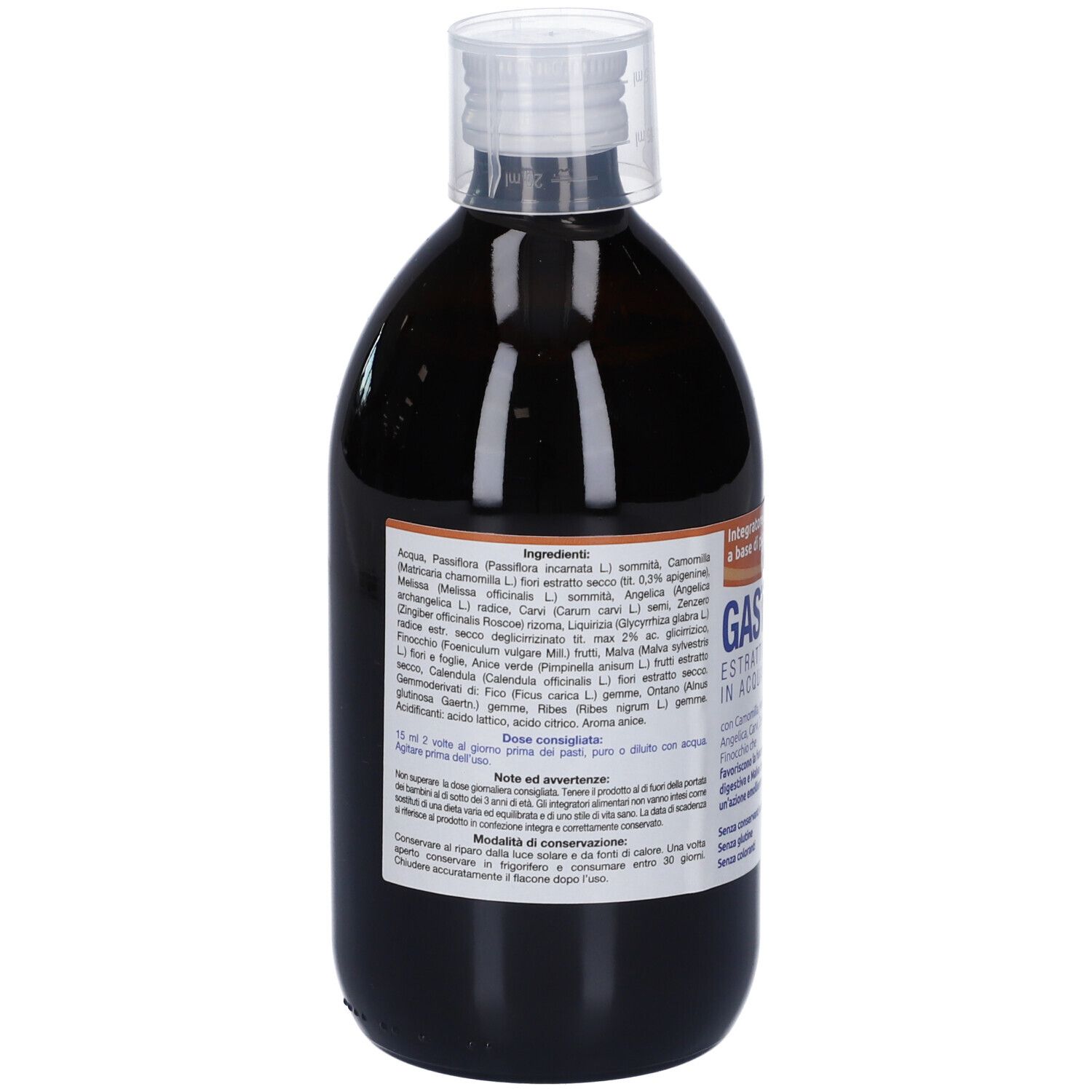 Vista posteriore della bottiglia marrone. Etichetta con ingredienti e istruzioni per l'uso. Tappo bianco.