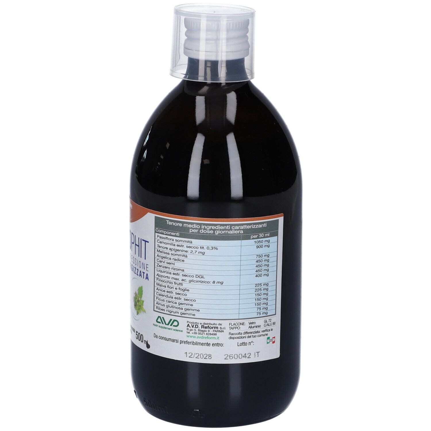 Bottiglia marrone con tappo bianco. Etichetta con informazioni nutrizionali. Scritta: Gastrophit. Scadenza: 12/2025.