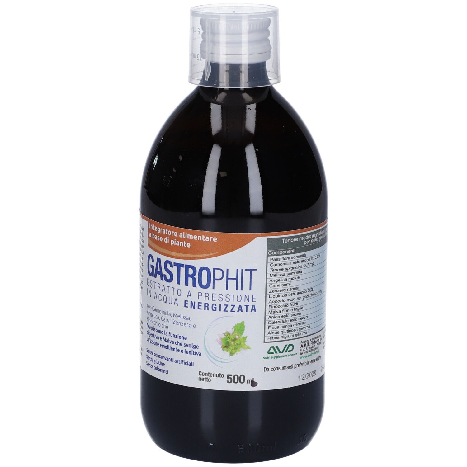 Bottiglia marrone con tappo bianco. Scritta: Gastrophit. Etichetta con informazioni sul prodotto e ingredienti.