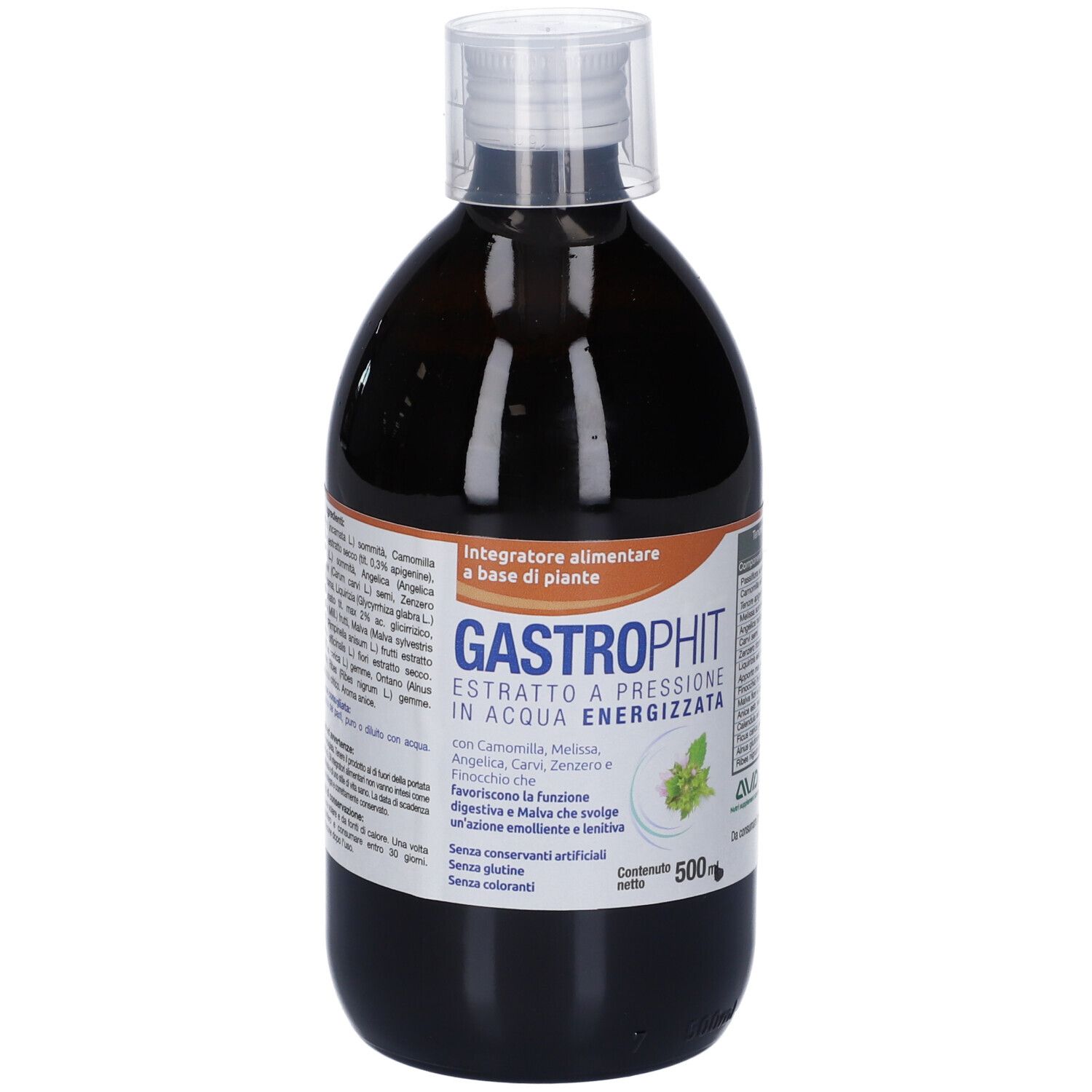 Bottiglia marrone con tappo bianco. Scritta: Gastrophit. Etichetta con informazioni sul prodotto e ingredienti.