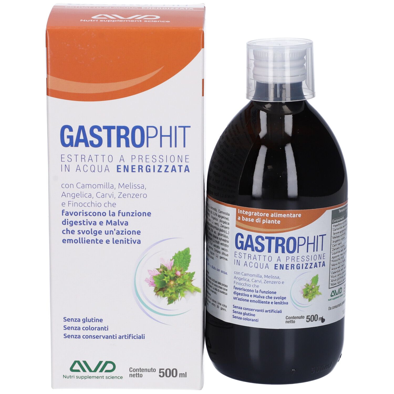 Gastrophit liquido in flacone da 500ml e scatola. Contiene estratti vegetali.