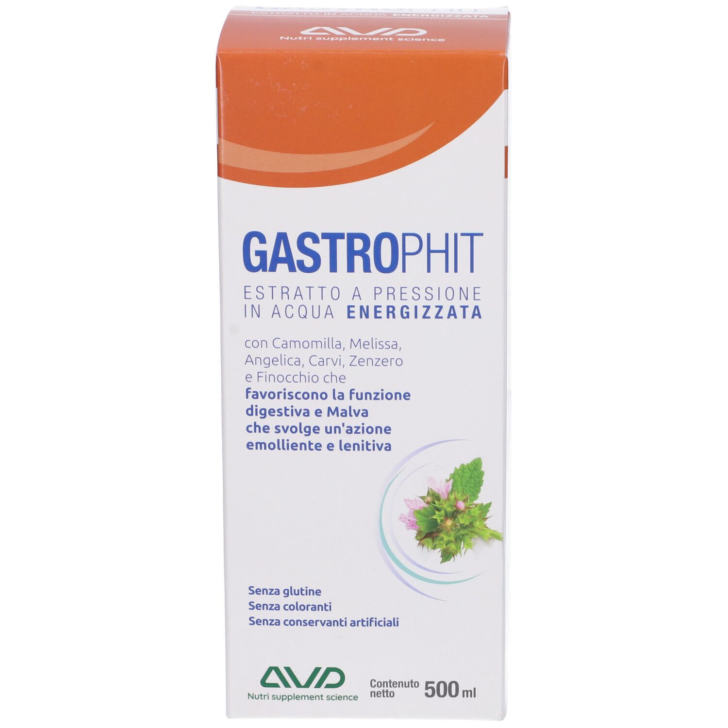Gastrophit liquido in flacone da 500ml e scatola. Contiene estratti vegetali.