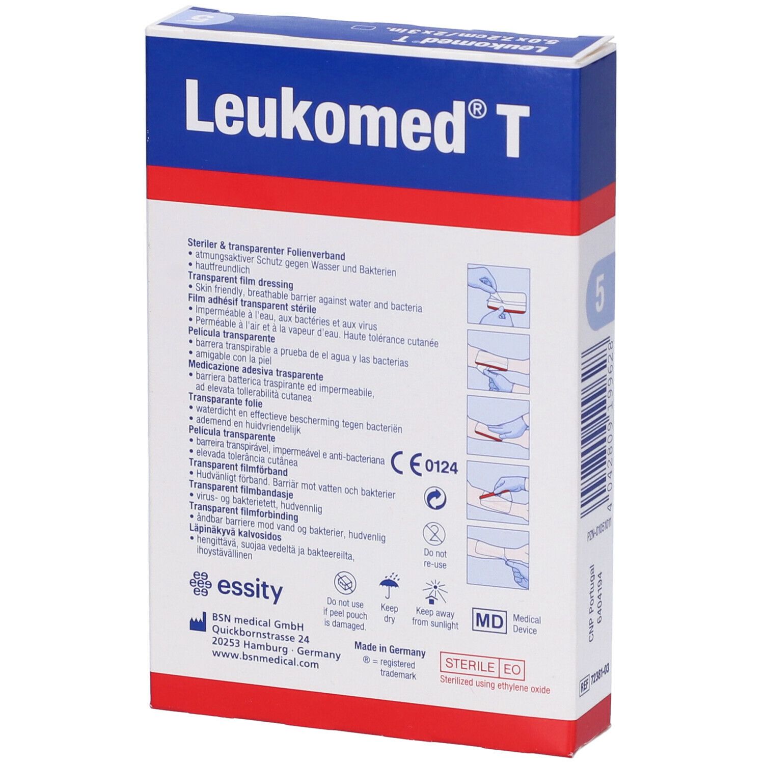 Confezione di Leukomed T. 5 medicazioni trasparenti. Dimensioni 5,0x7,2cm. Sterile. BSN medical.