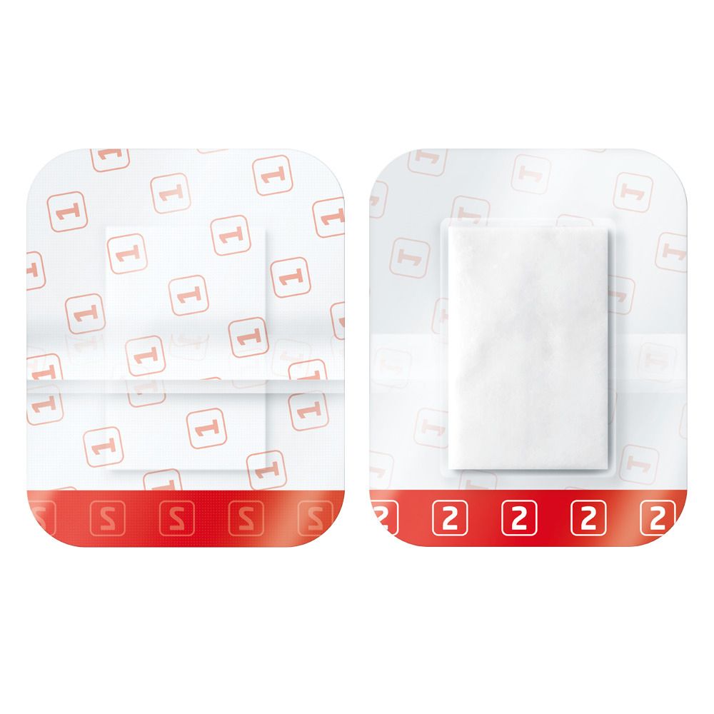 Due medicazioni trasparenti. Un tampone bianco rettangolare è visibile. Con stampa rossa.