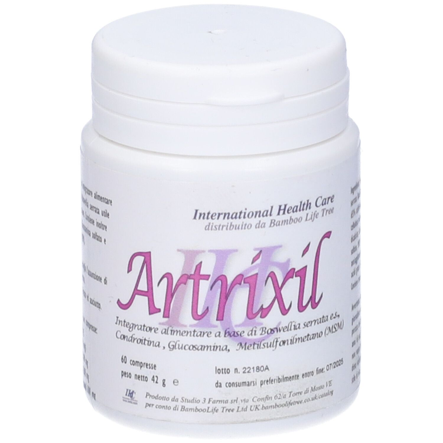 Flacone bianco con etichetta rosa. Scritta: Artrixil, 60 compresse. International Health Care.
