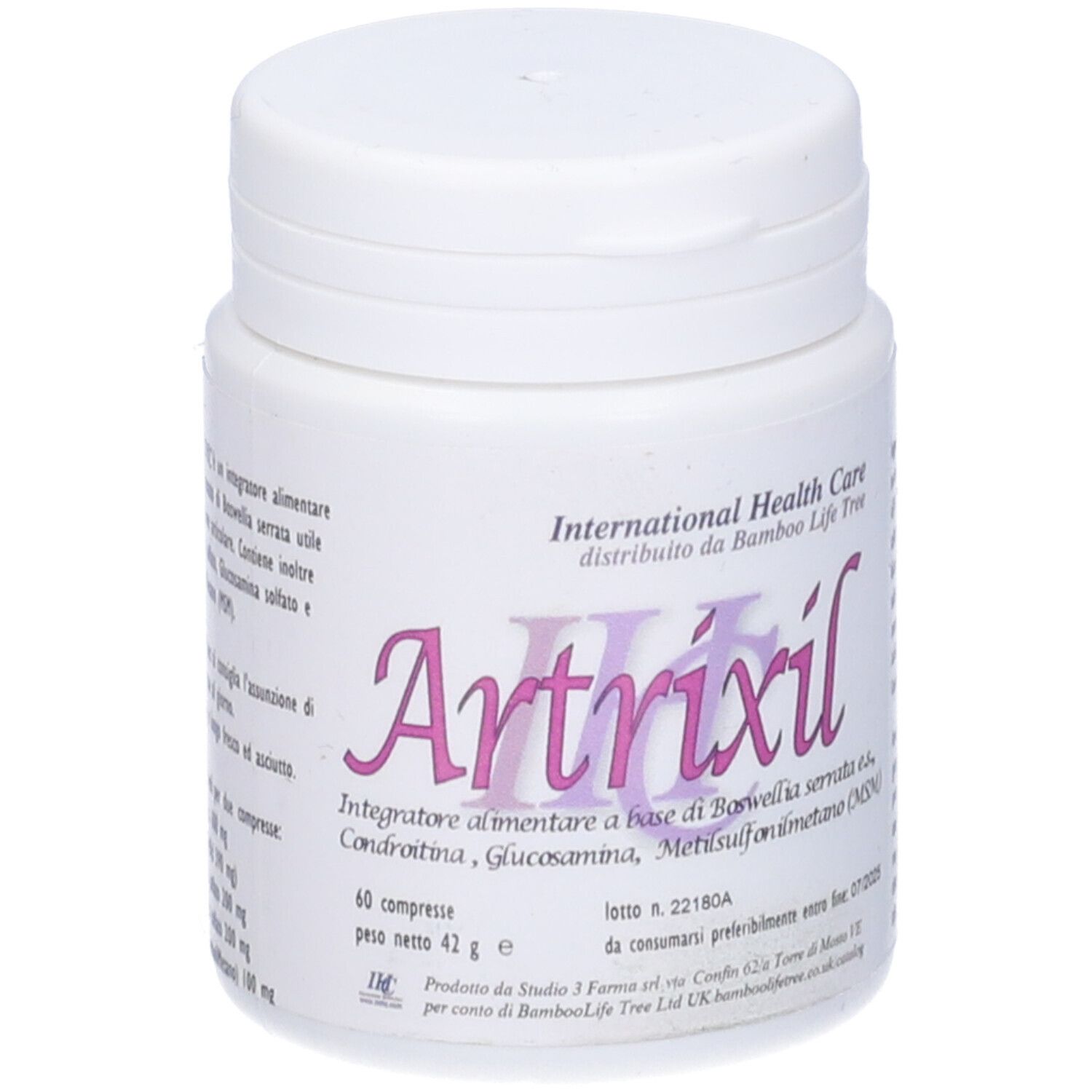 Flacone bianco con etichetta rosa. Scritta: Artrixil, 60 compresse. International Health Care.