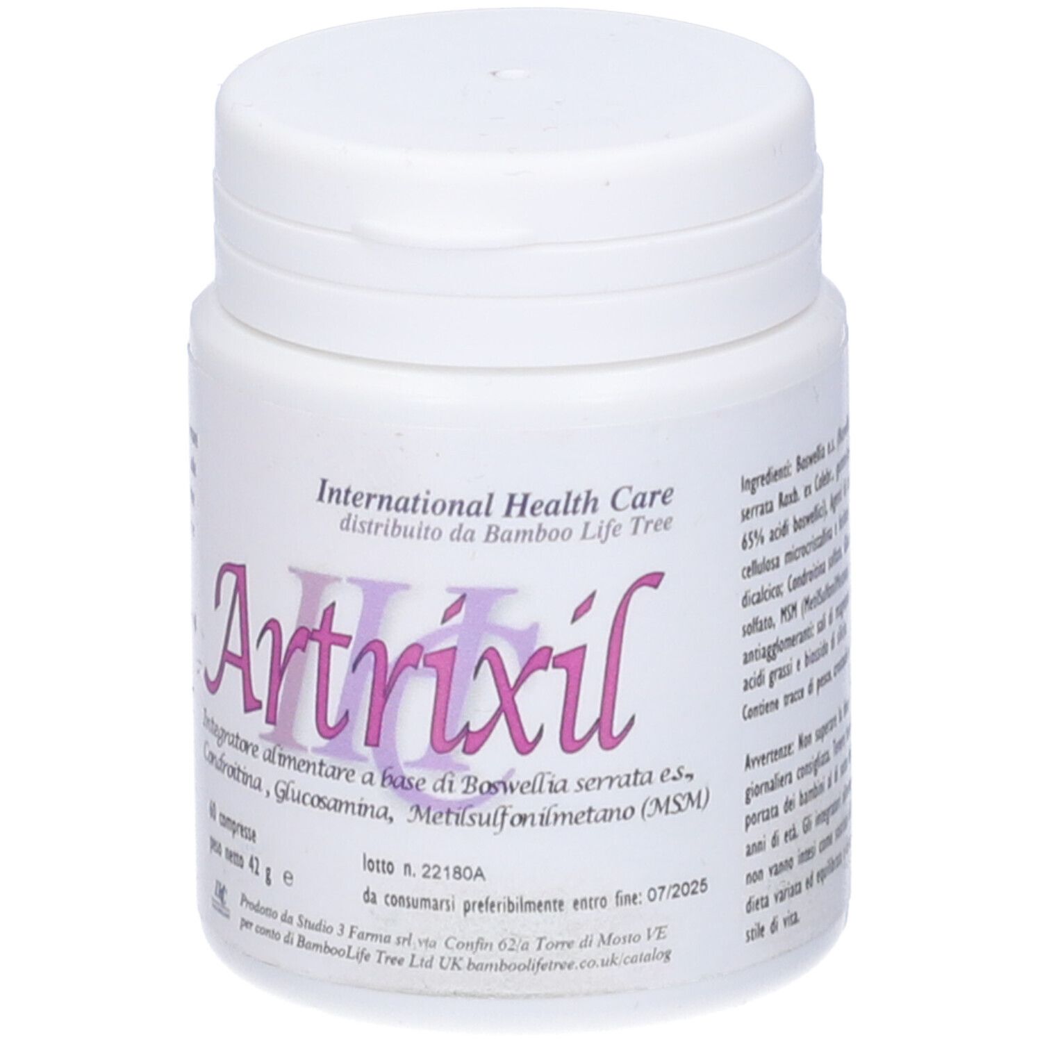 Flacone bianco con etichetta rosa. Scritta: Artrixil, 60 compresse. International Health Care.