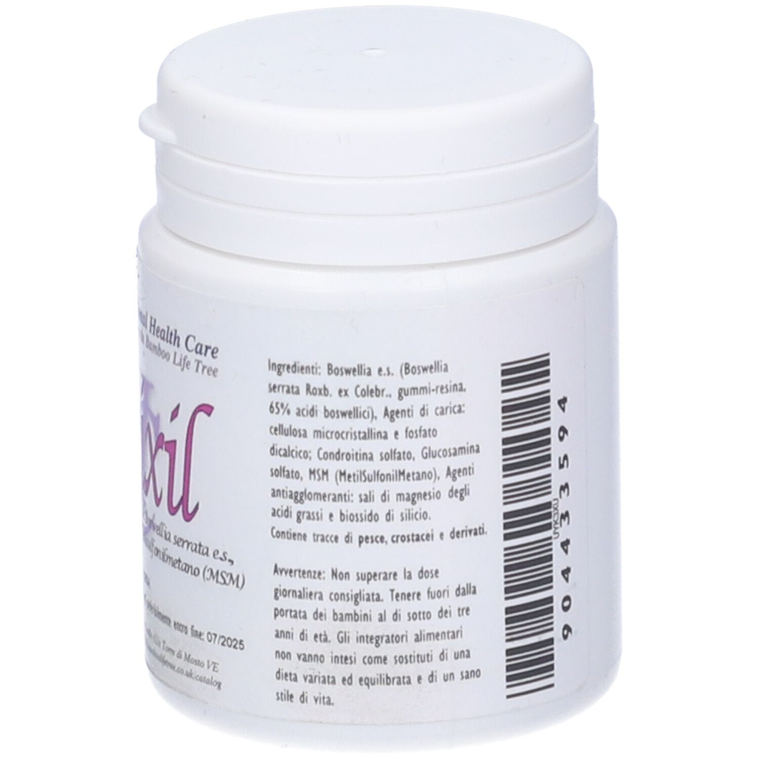 Flacone bianco con etichetta rosa. Scritta: Artrixil, 60 compresse. International Health Care.