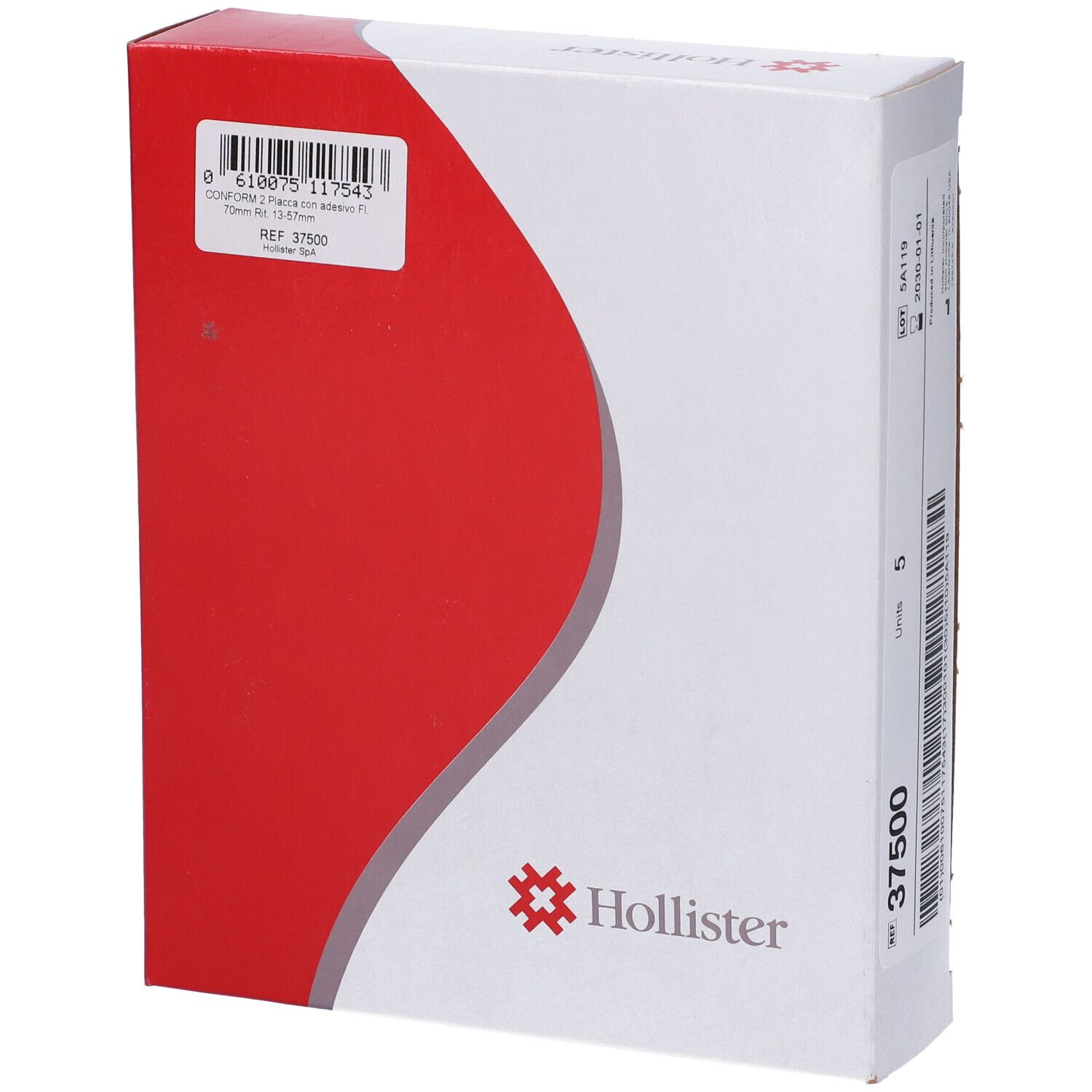 Confezione bianca e rossa. Logo Hollister, REF 37500, codice a barre e informazioni sul prodotto.