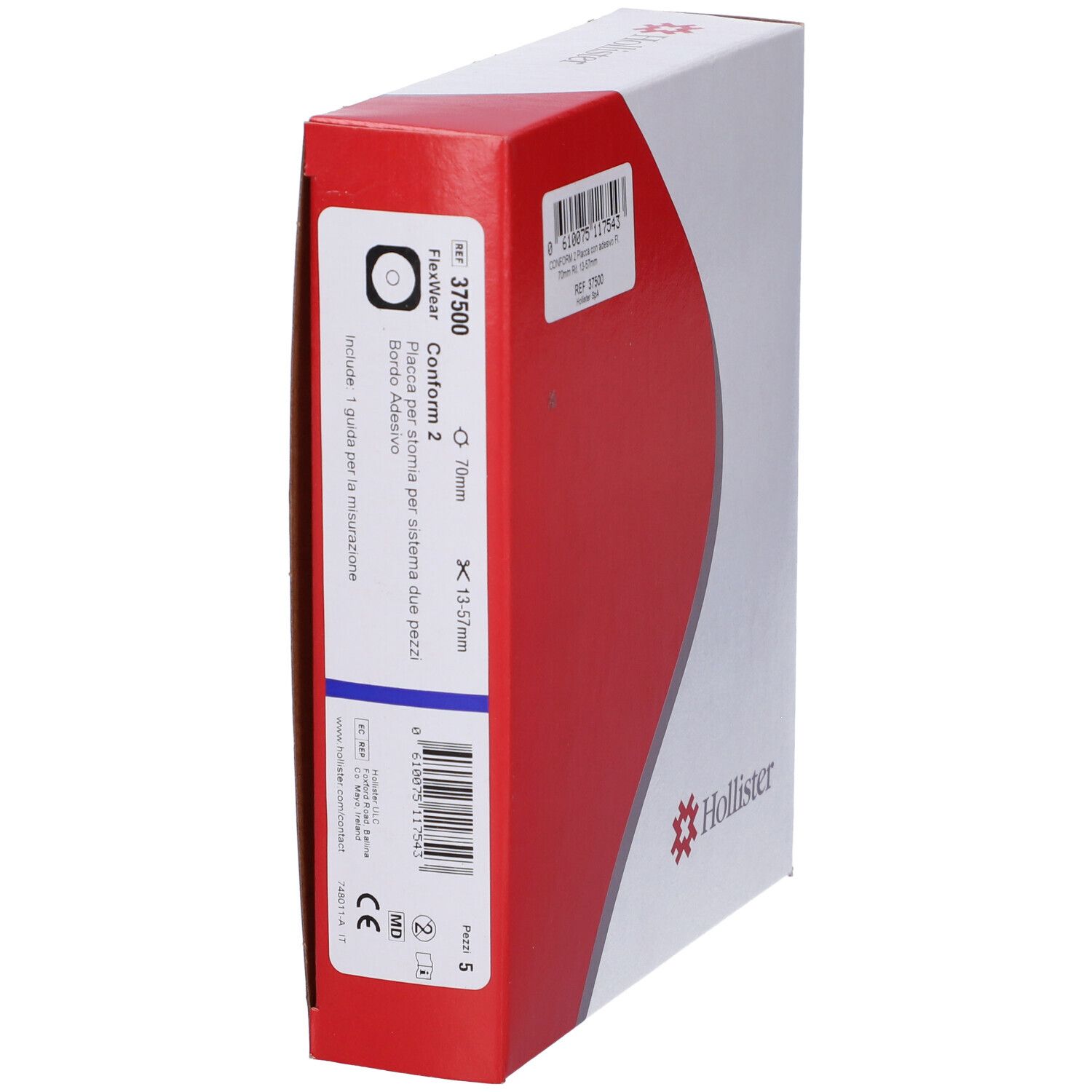 Confezione bianca e rossa. Conform 2, 70mm x 13/57mm, logo Hollister, codice a barre, REF 37500.