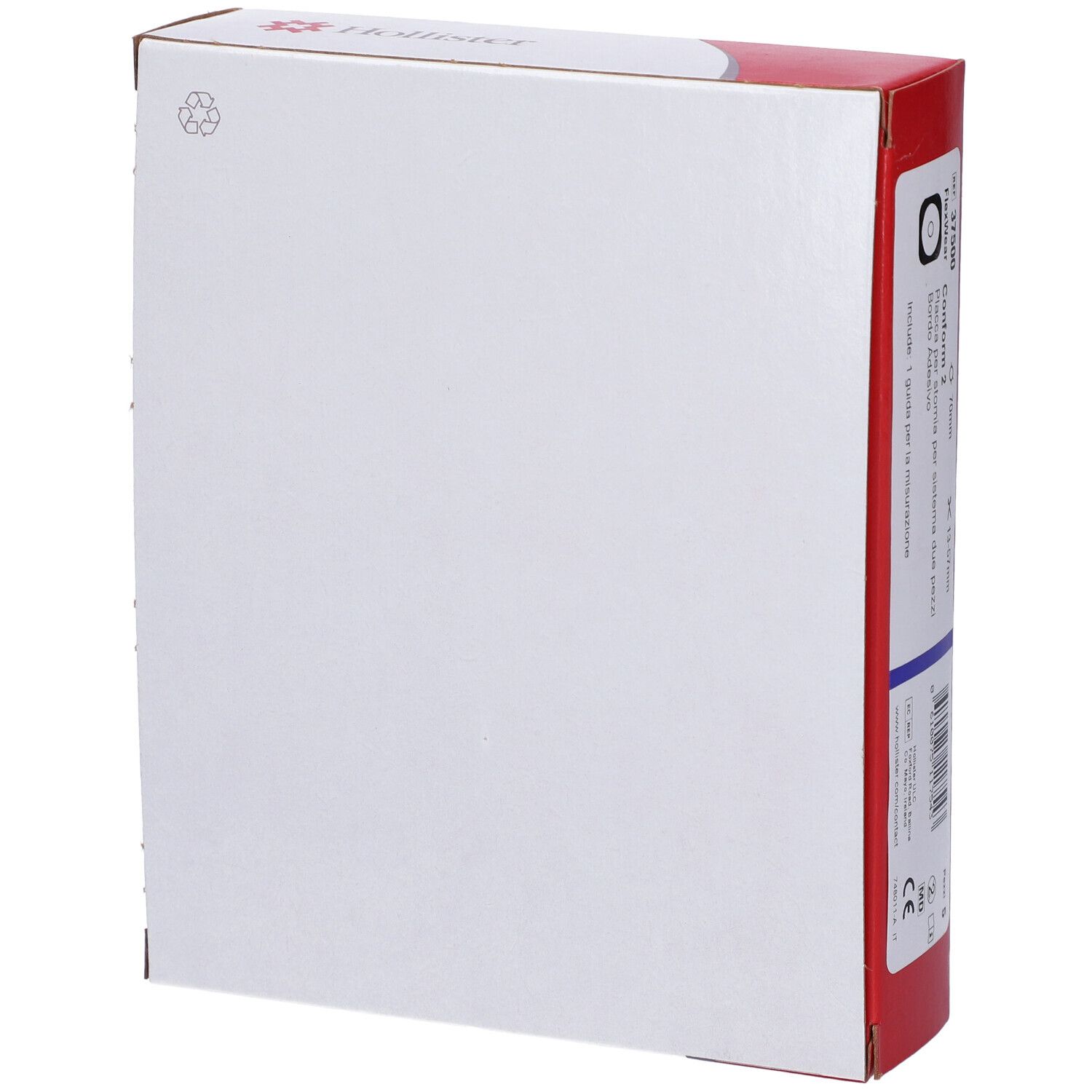 Confezione bianca con bordo rosso. Simboli di riciclaggio, codice a barre, informazioni sul prodotto.