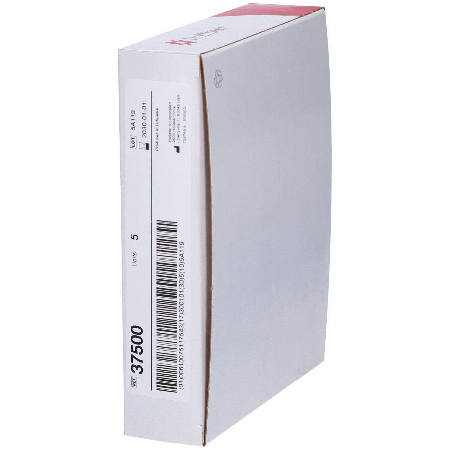 Confezione bianca. REF 37500, codice a barre, informazioni sul prodotto, logo Hollister.