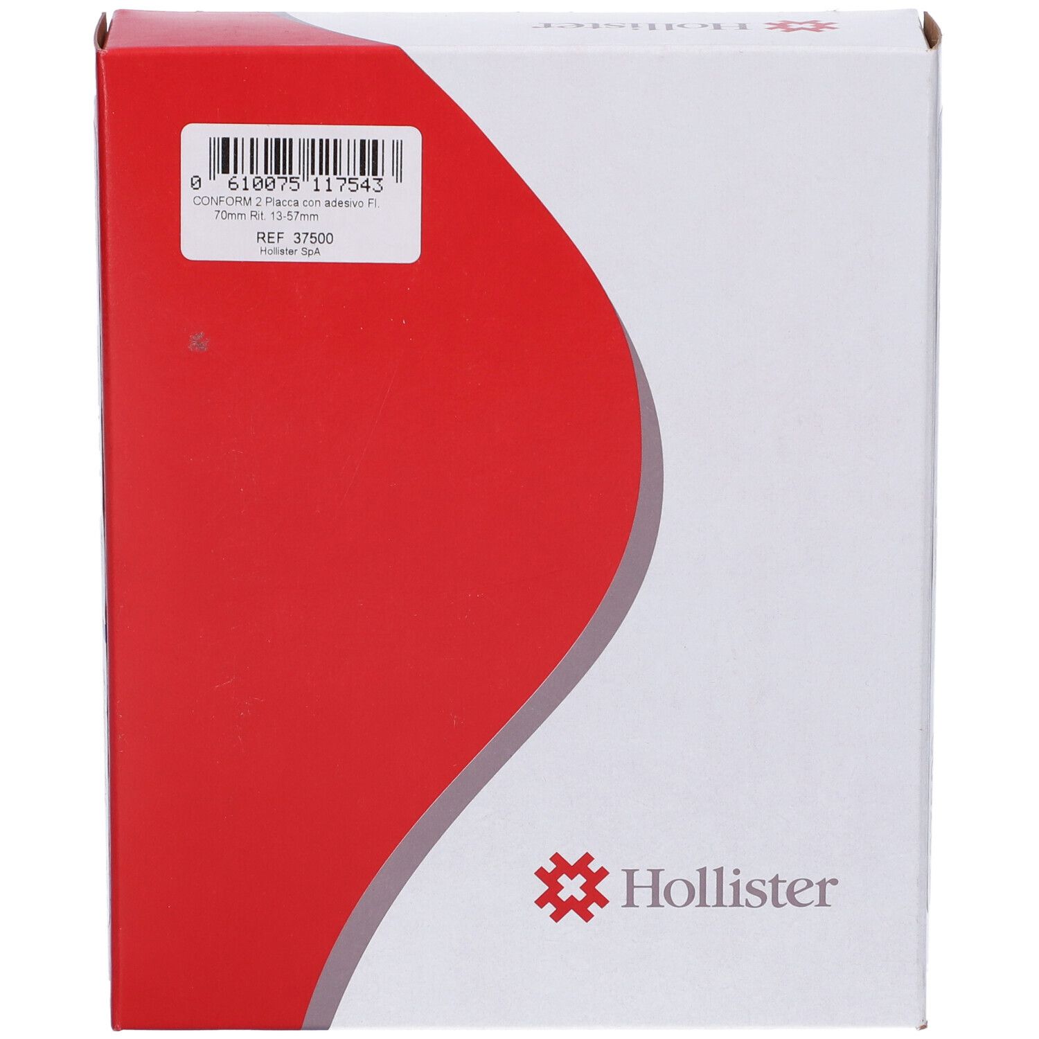 Confezione bianca con area rossa. Logo Hollister, REF 37500, codice a barre, informazioni sul prodotto.