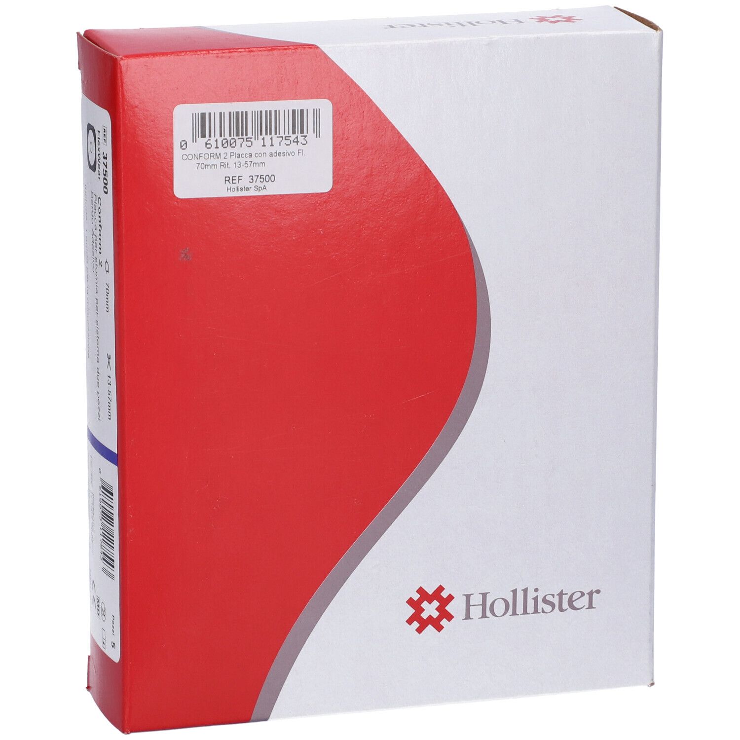 Confezione bianca con area rossa. Logo Hollister, REF 37500, codice a barre, informazioni sul prodotto.