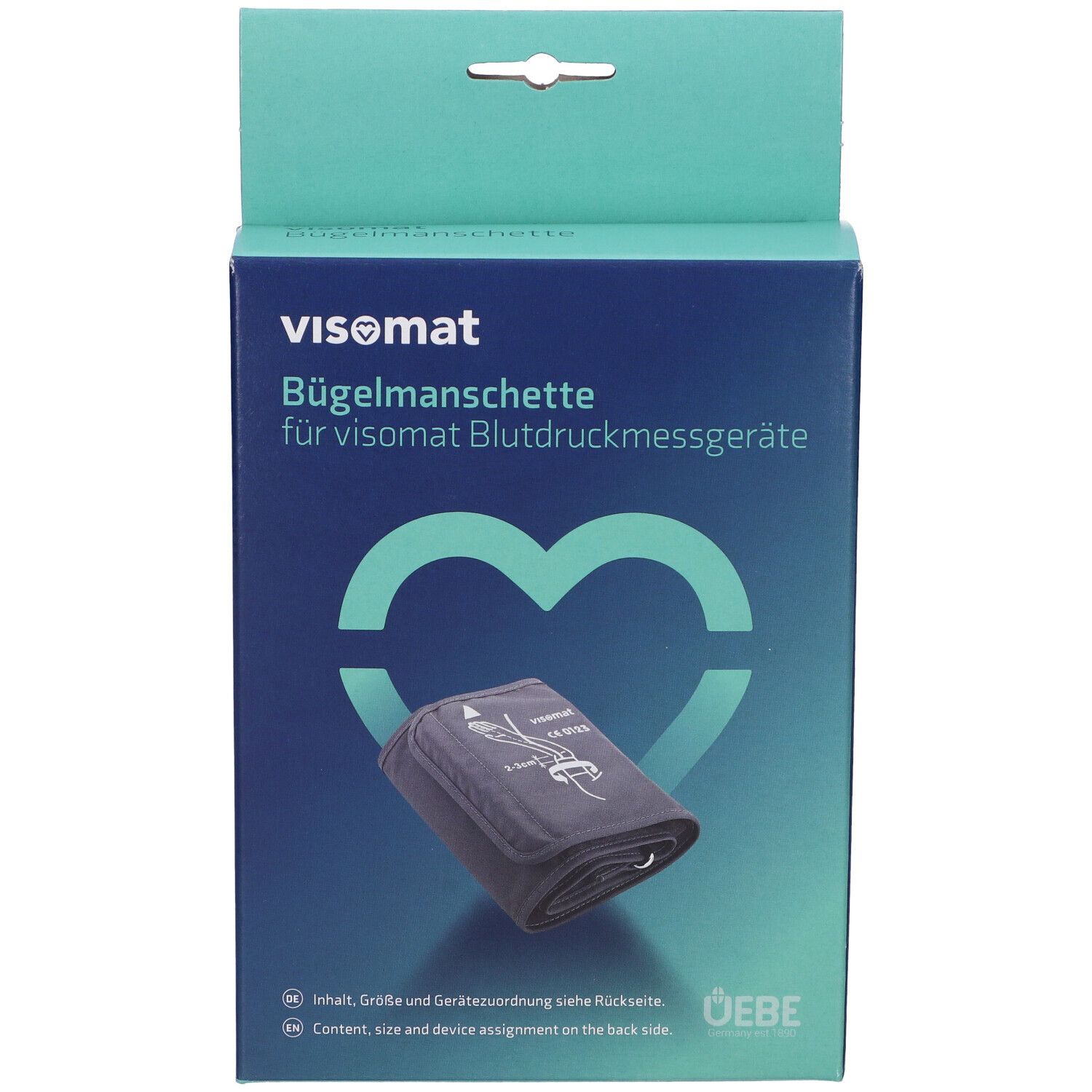 Confezione per misuratore di pressione. Scritto: Visomat, bracciale. Immagine di un bracciale.