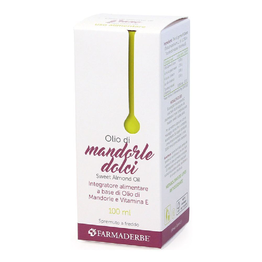 Scatola bianca con nome e logo del prodotto. Testo: Olio di mandorle dolci, 100 ml, Farmaderbe.