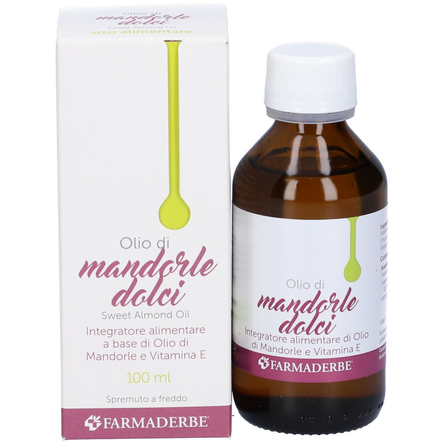 Flacone di vetro marrone e confezione bianca. Testo: Olio di mandorle dolci, 100 ml, Farmaderbe.