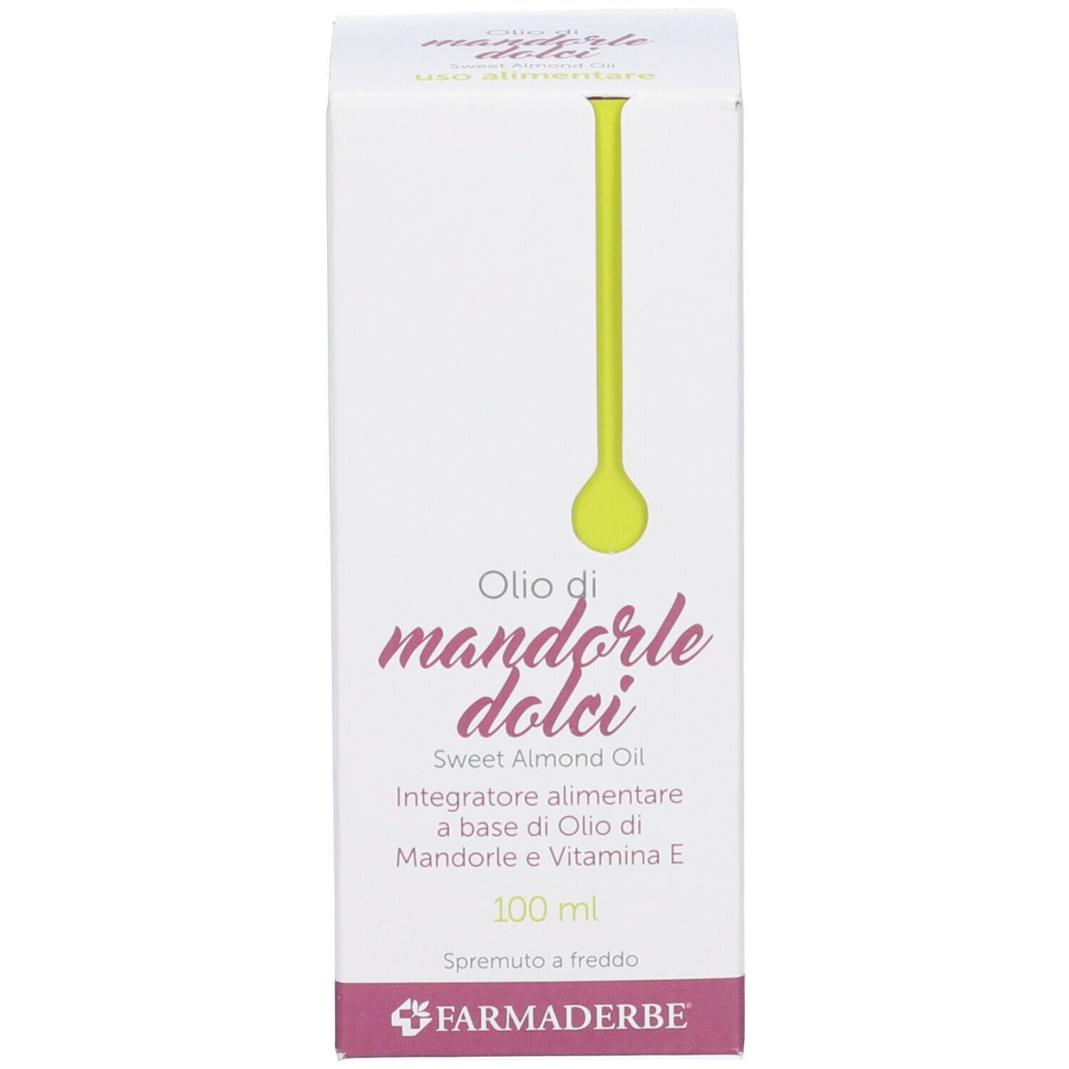 Scatola bianca con nome e logo del prodotto. Testo: Olio di mandorle dolci, 100 ml, Farmaderbe.