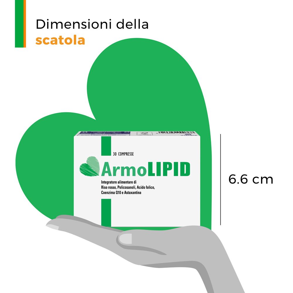 Mano che tiene una scatola. Testo: Dimensioni della scatola. 6,6 cm.