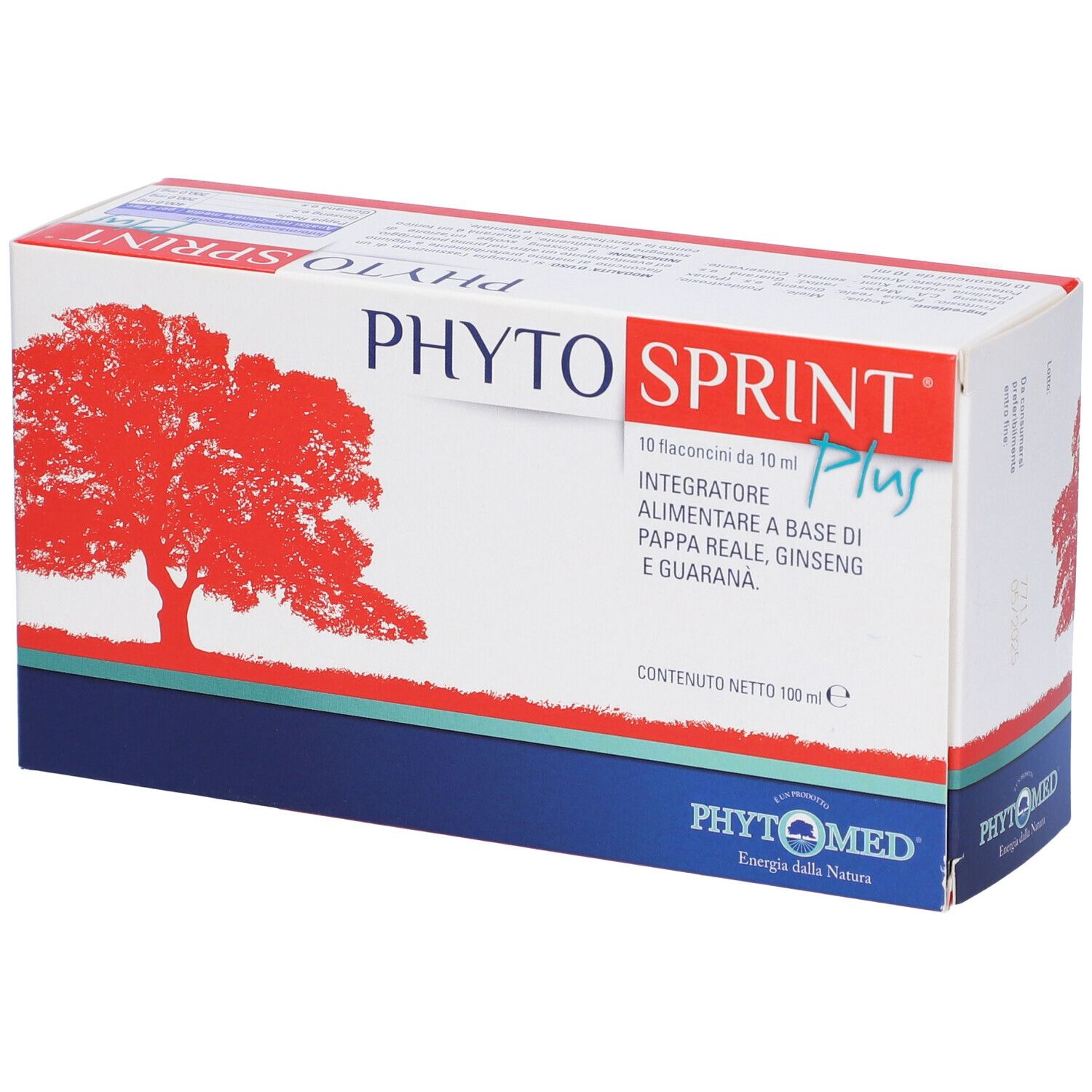 Confezione prodotto con logo albero rosso e testo. Contiene 10 flaconcini. Testo: PHYTO SPRINT Plus, Integratore.