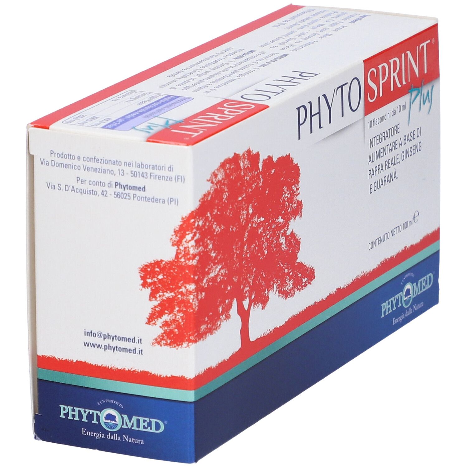 Confezione prodotto con logo albero rosso e testo. Contiene 10 flaconcini. Testo: PHYTO SPRINT Plus, Integratore.