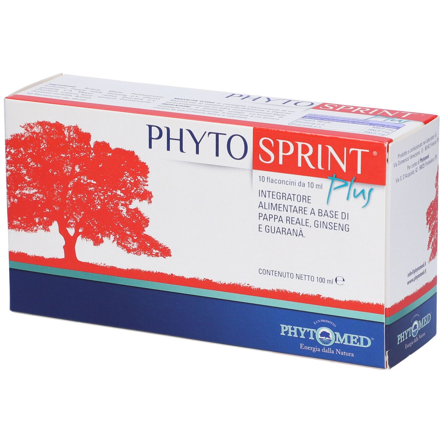 Confezione prodotto con logo albero rosso e testo. Contiene 10 flaconcini. Testo: PHYTO SPRINT Plus, Integratore.