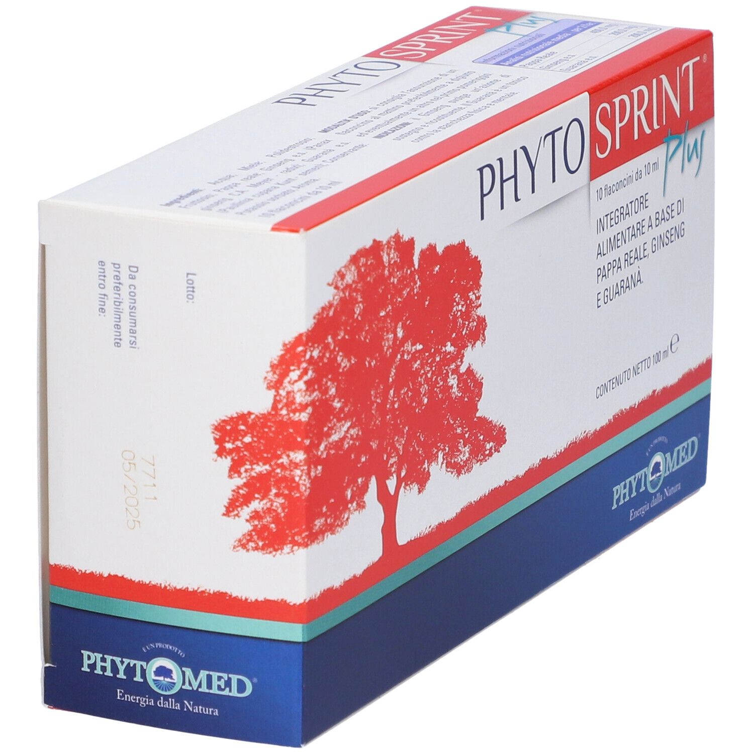 Confezione prodotto con logo albero rosso e testo. Contiene 10 flaconcini. Testo: PHYTO SPRINT Plus, Integratore.