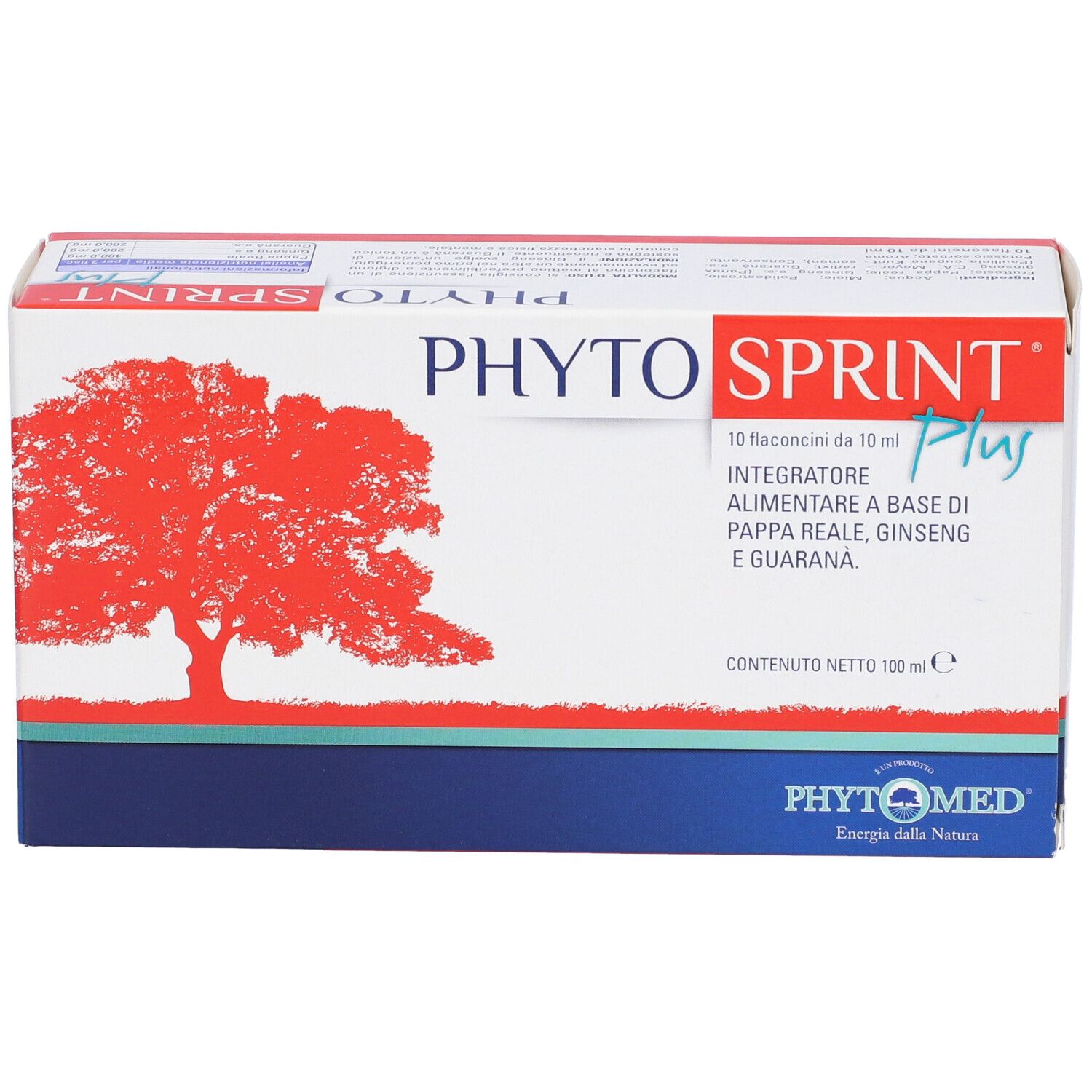 Confezione prodotto con logo albero rosso e testo. Contiene 10 flaconcini. Testo: PHYTO SPRINT Plus, Integratore.