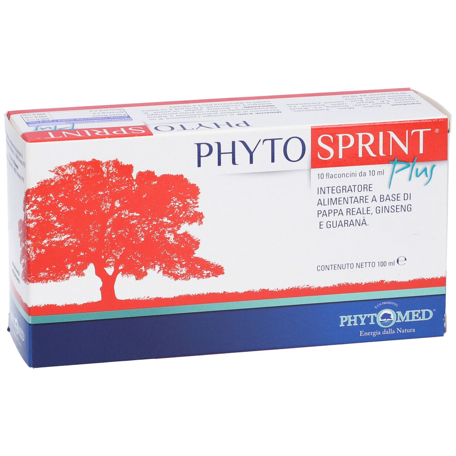 Confezione prodotto con logo albero rosso e testo. Contiene 10 flaconcini. Testo: PHYTO SPRINT Plus, Integratore.