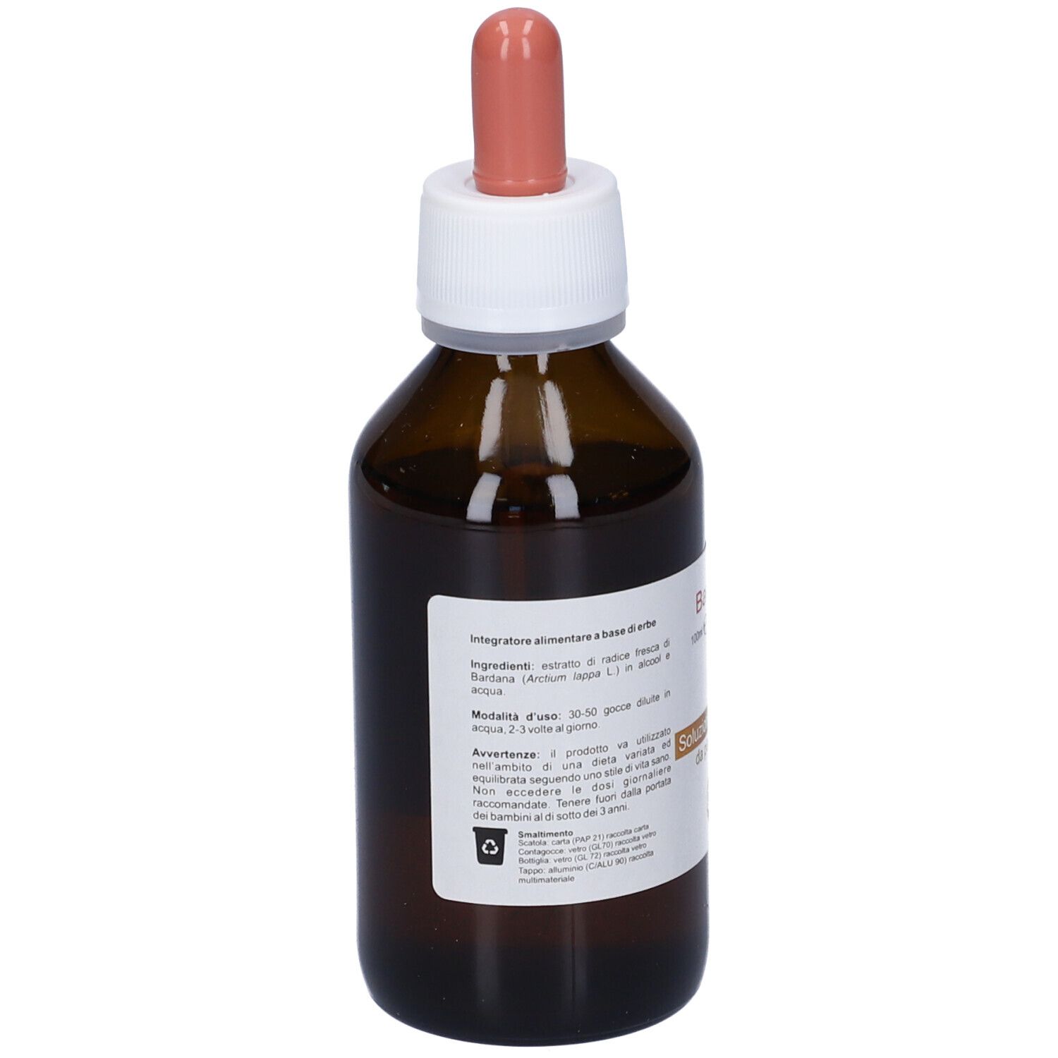Flacone in vetro marrone con pipetta. Retro con testo. Scritta: Integratore alimentare a base di erbe.