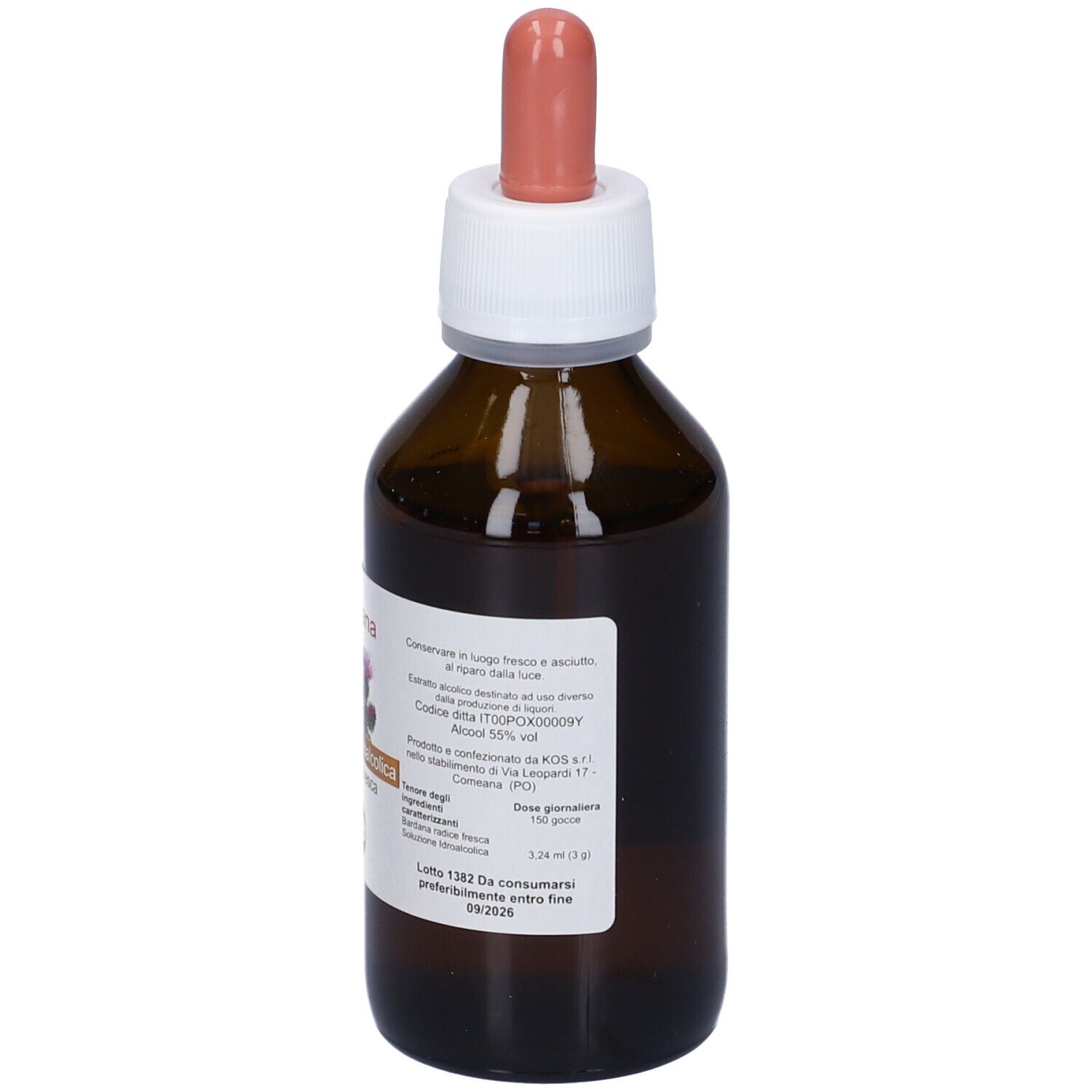 Flacone in vetro marrone con pipetta. Scritta Bardana, Soluzione idroalcolica da pianta fresca. 100ml.