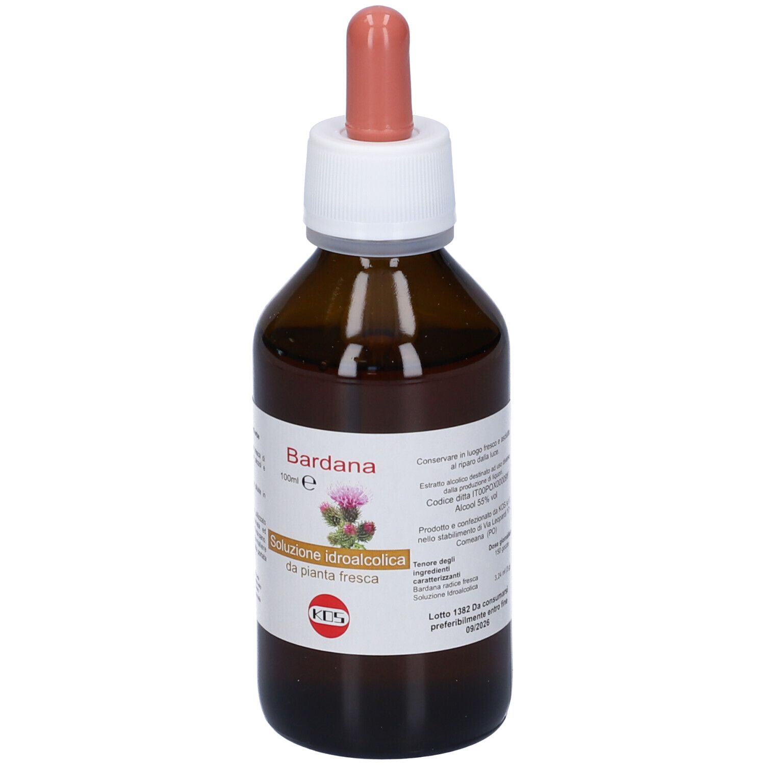 Flacone in vetro marrone con pipetta. Scritta Bardana, Soluzione idroalcolica da pianta fresca. 100ml.
