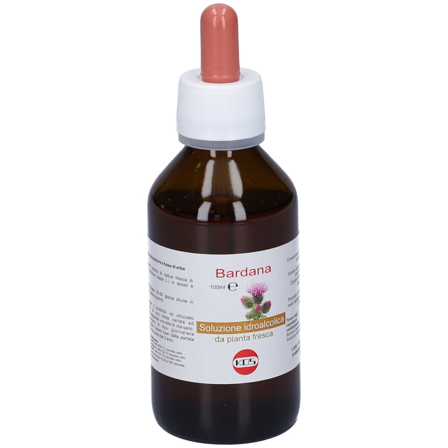 Flacone in vetro marrone con pipetta. Scritta Bardana, Soluzione idroalcolica da pianta fresca. 100ml.